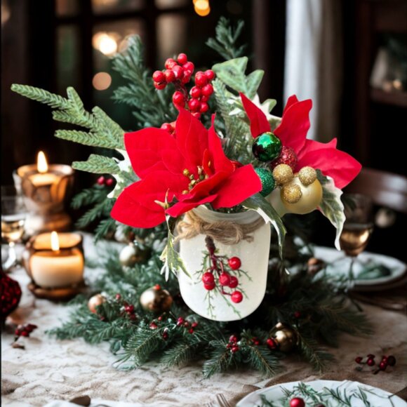 Red Poinsettia Christmas Faux Floral Arrangement in Frosted Mason Jar Decor - Picture 10 of 10